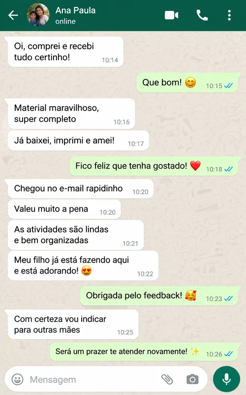 Mensagem de cliente sobre os materiais