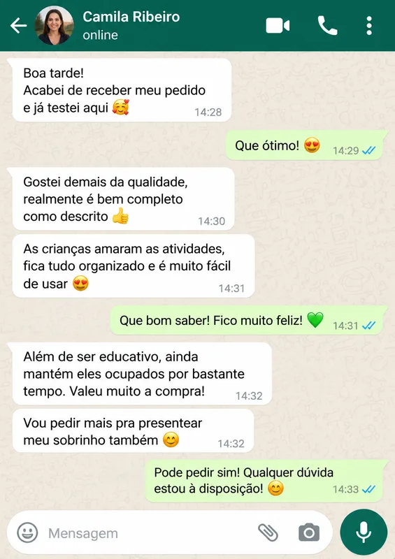 Mensagem de cliente sobre os materiais