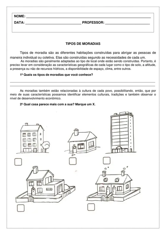 1º ano, Geografia: Tipos de moradia