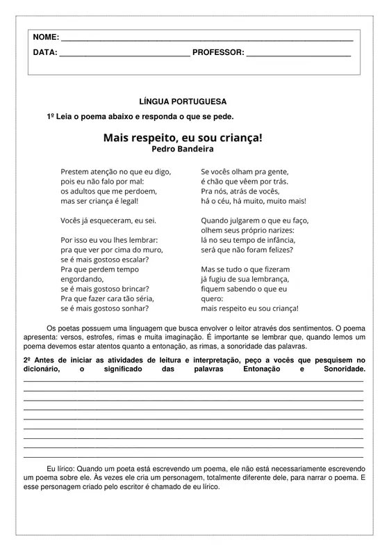 3º ano, Português: Poema e interpretação