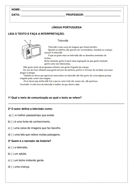 4º ano, Português: Interpretação de texto