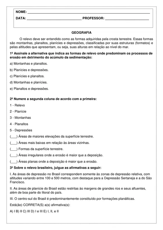 5º ano, Geografia: Relevo