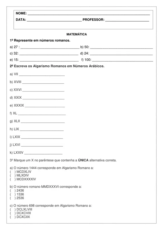 5º ano, Matemática: Números romanos