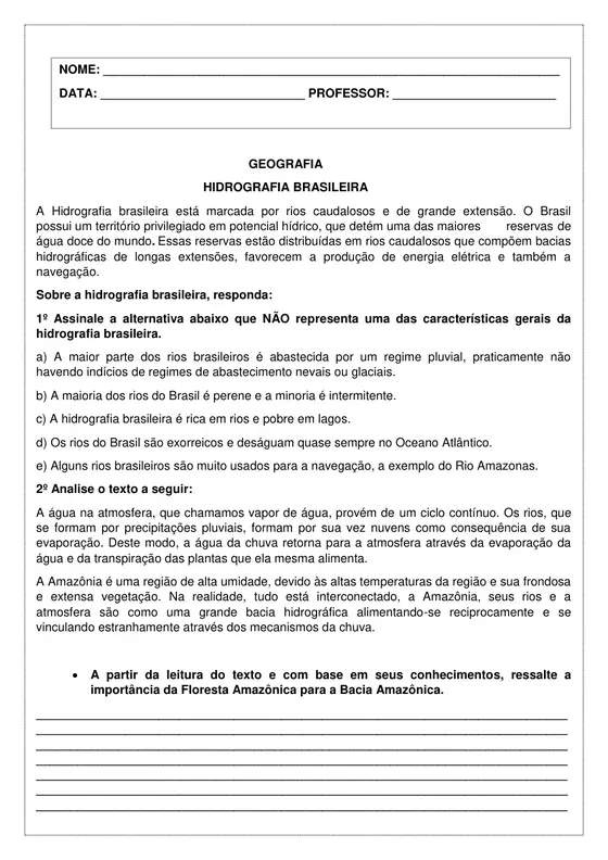 6º ano, Geografia: Hidrografia brasileira