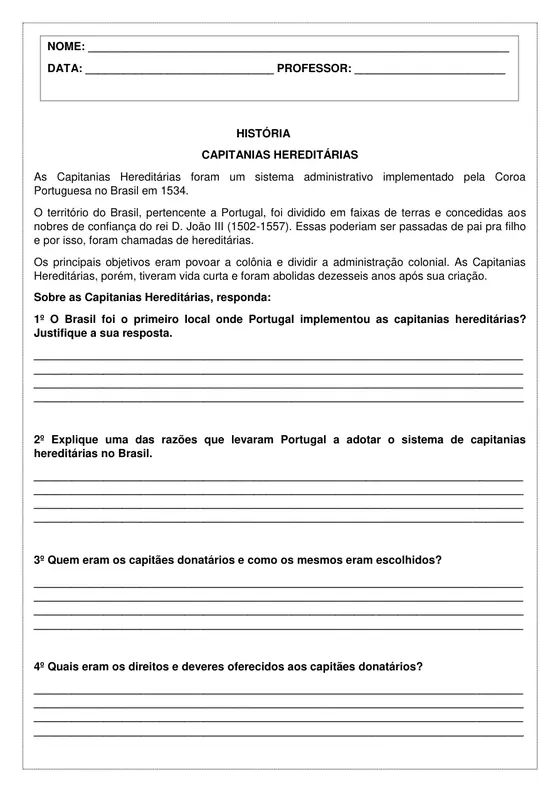 6º ano, História: Capitanias hereditárias