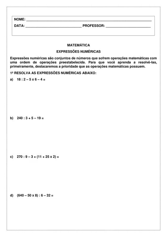 6º ano, Matemática: Expressões numéricas