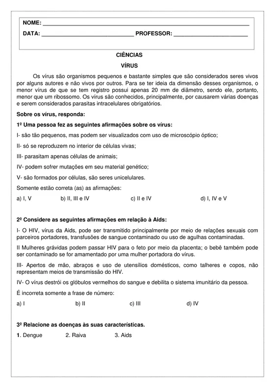 7º ano, Ciências: Vírus