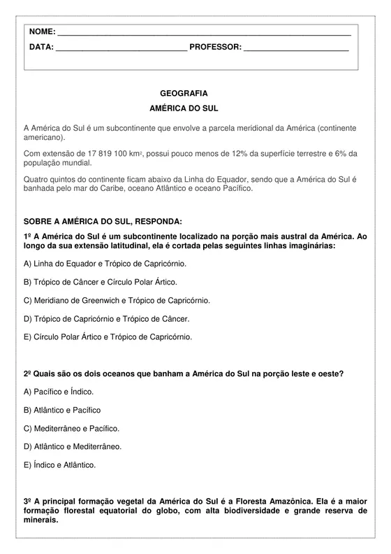 7º ano, Geografia: América do Sul