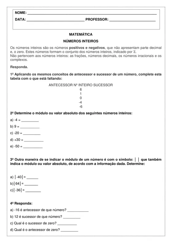 7º ano, Matemática: Números inteiros