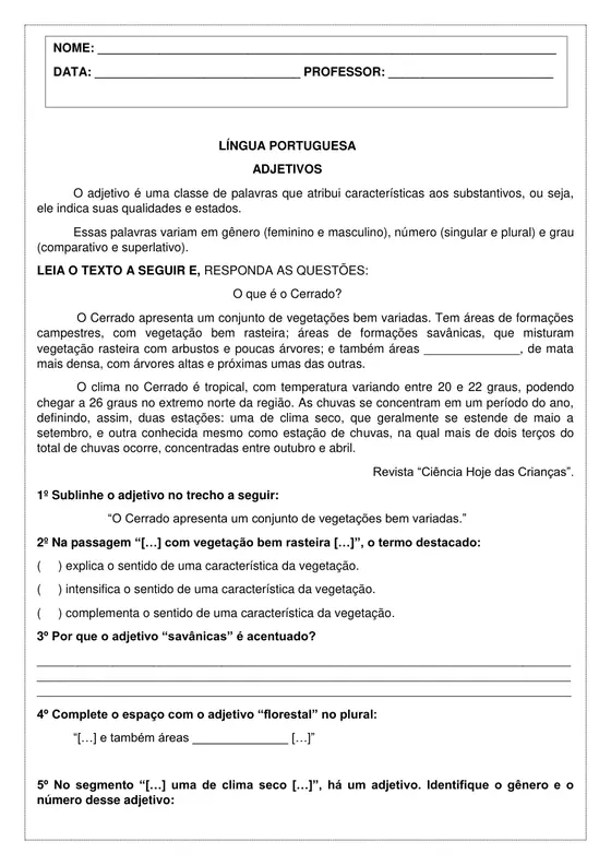 7º ano, Português: Adjetivos