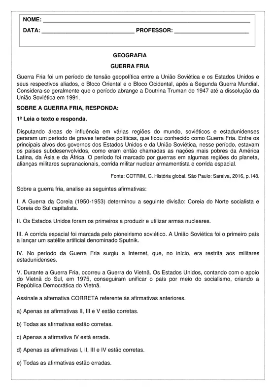 8º ano, Geografia: Guerra Fria