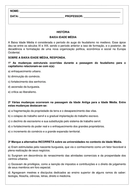 8º ano, História: Baixa Idade Média