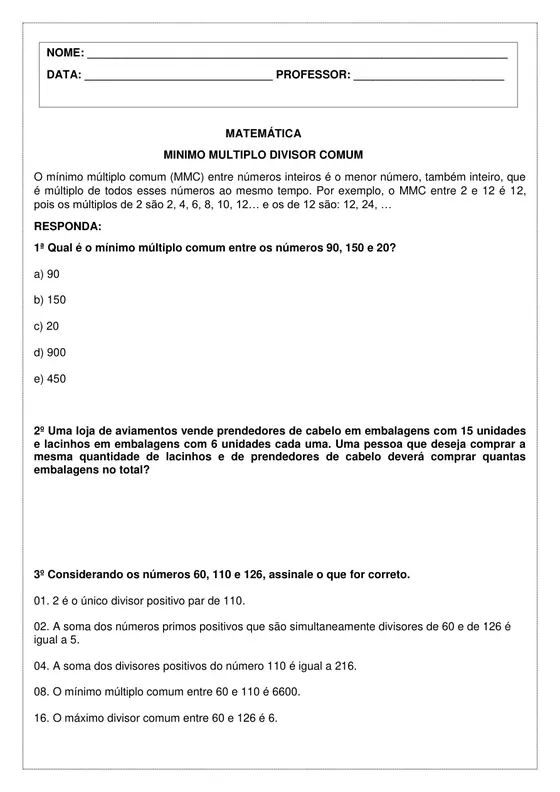 8º ano, Matemática: Mínimo múltiplo comum