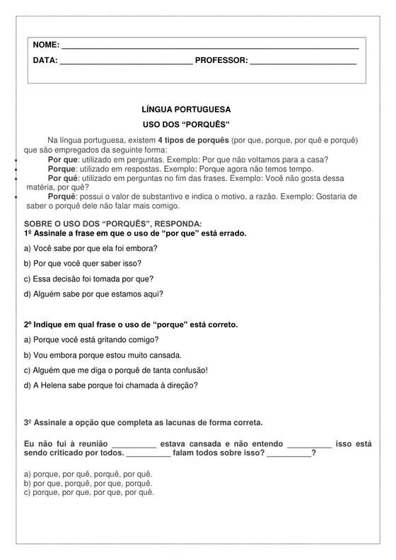 8º ano, Português: Uso dos porquês