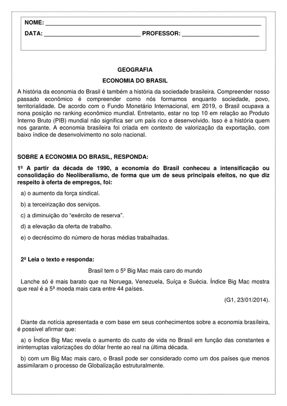 9º ano, Geografia: Economia do Brasil