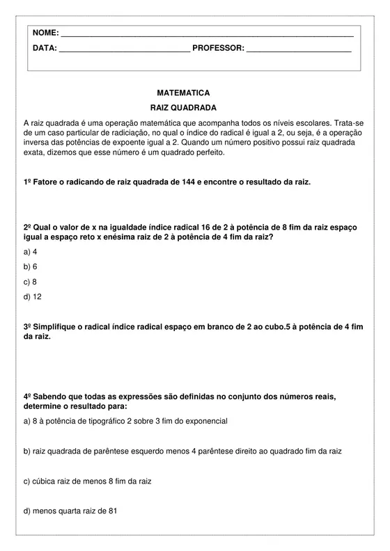 9º ano, Matemática: Raiz quadrada